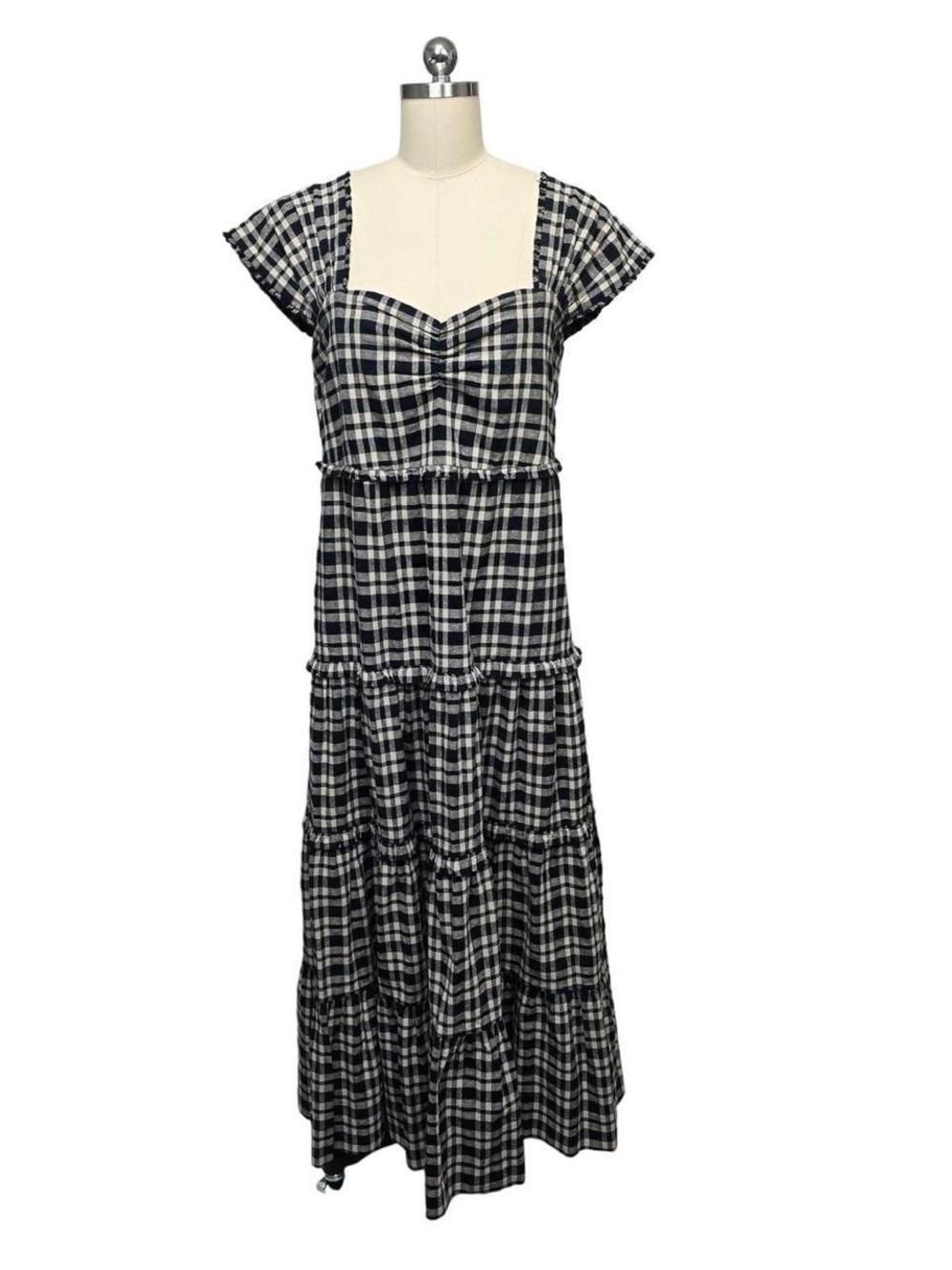 THE GREAT. Black & White Checked Maxi Dress with Ruffled Cap Sleeves